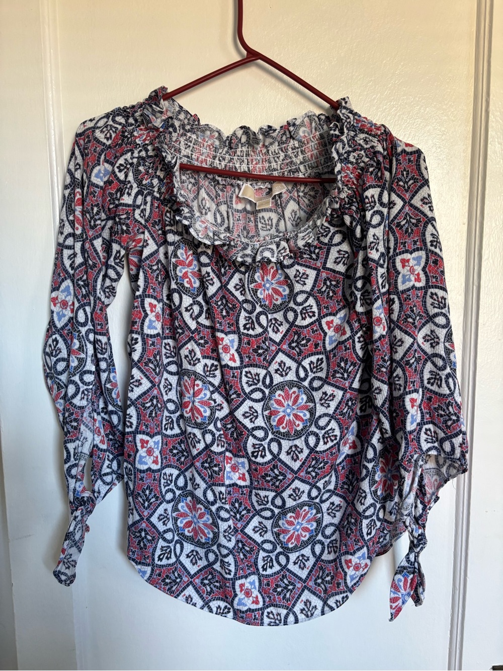 Michael Kors Floral Medallion Peasant Blouse in Navy, Red & White